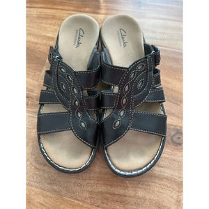 Clarks Bendables Black Slide Leather Women Sandals- Size 8